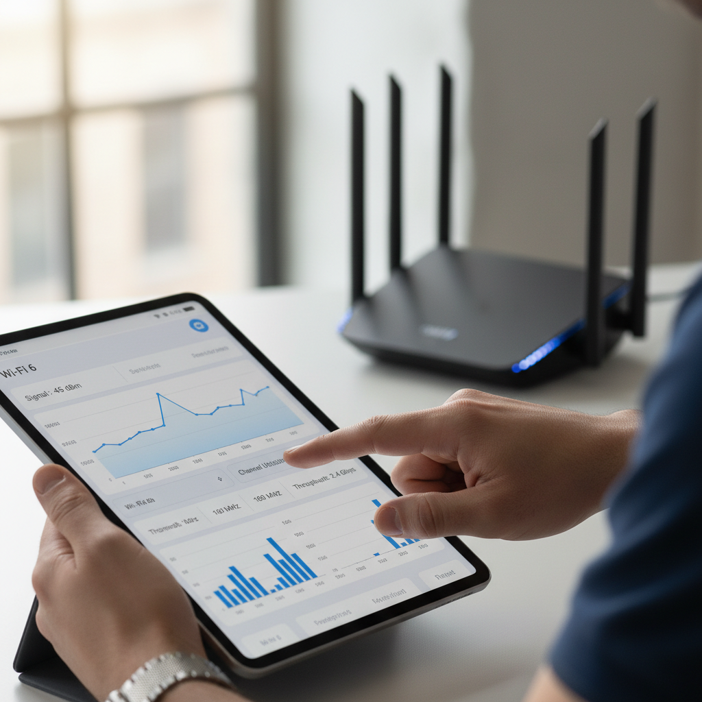 Close no tablet mostrando gráficos detalhados de dados do wi-fi no power bi com roteador profissional ao fundo.