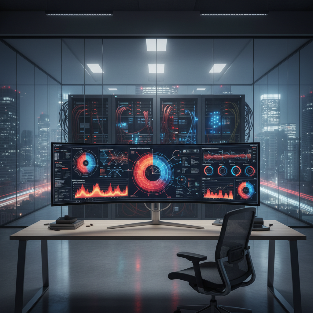 Escritório moderno com monitor exibindo dashboards de dados do wi-fi no power bi em um cenário corporativo amplo.