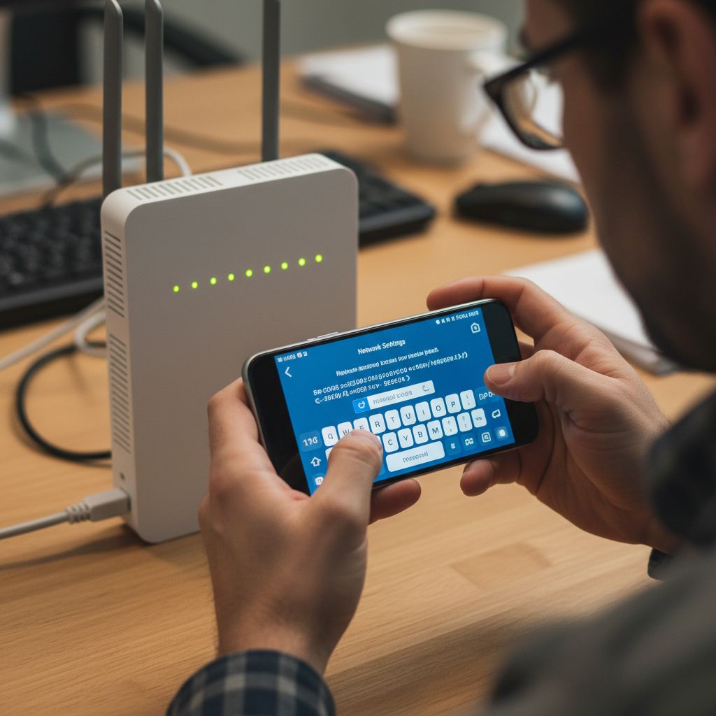 7 Dicas de Senhas para Wi-Fi que Blindam sua Rede (Guia) 2 Mãos digitando código em celular próximo a roteador ilustrando boas dicas de senhas para wi-fi segura.