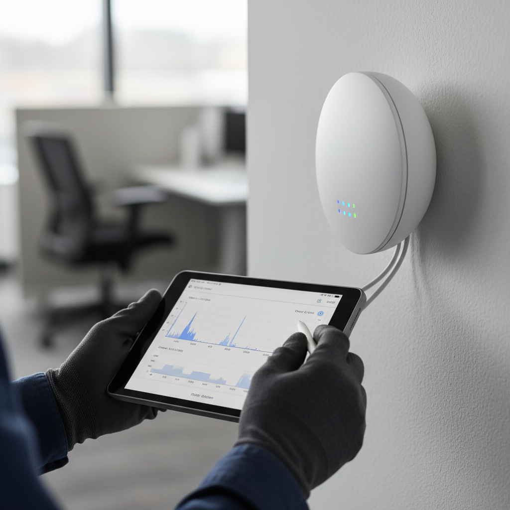 Técnico analisa sinal de rede no tablet para o dimensionamento de access points em detalhe de instalação interna.