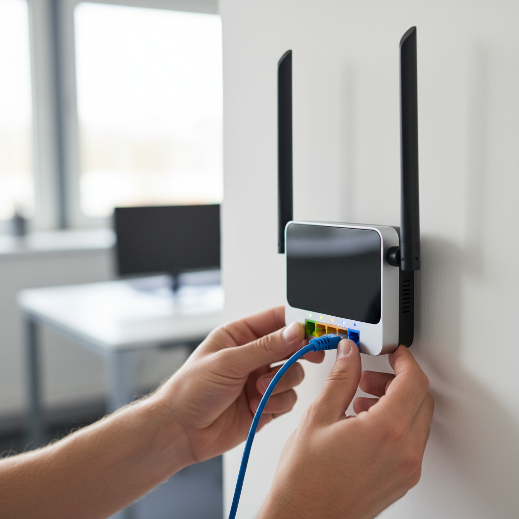 Gestão de múltiplos hotspots: o que muda de 5 para 50 APs 2 Detalhe de técnico ajustando roteador profissional para otimizar a gestão de múltiplos hotspots em ambiente corporativo.