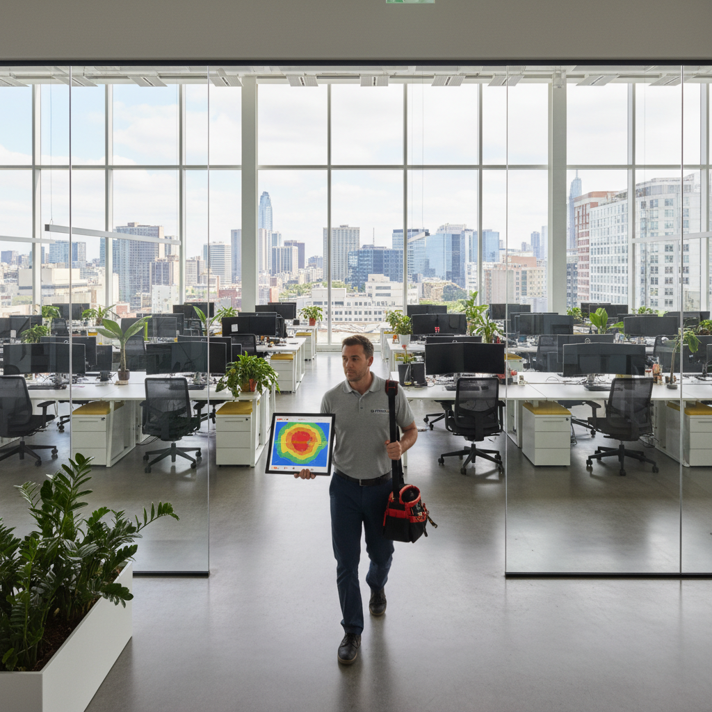 Heatmap Wi-Fi: como fazer e acabar com zona morta 4 Técnico analisa sinal em escritório amplo aprendendo heatmap wi-fi como fazer em ambiente corporativo moderno.