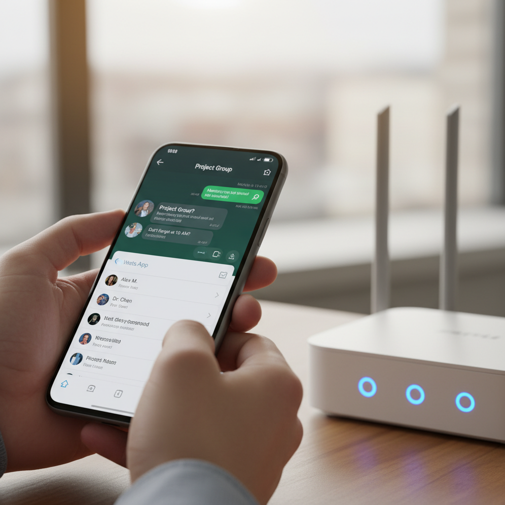 Smartphone em close mostrando tela de acesso ao hotspot com autenticação via whatsapp próximo a um roteador wi-fi.