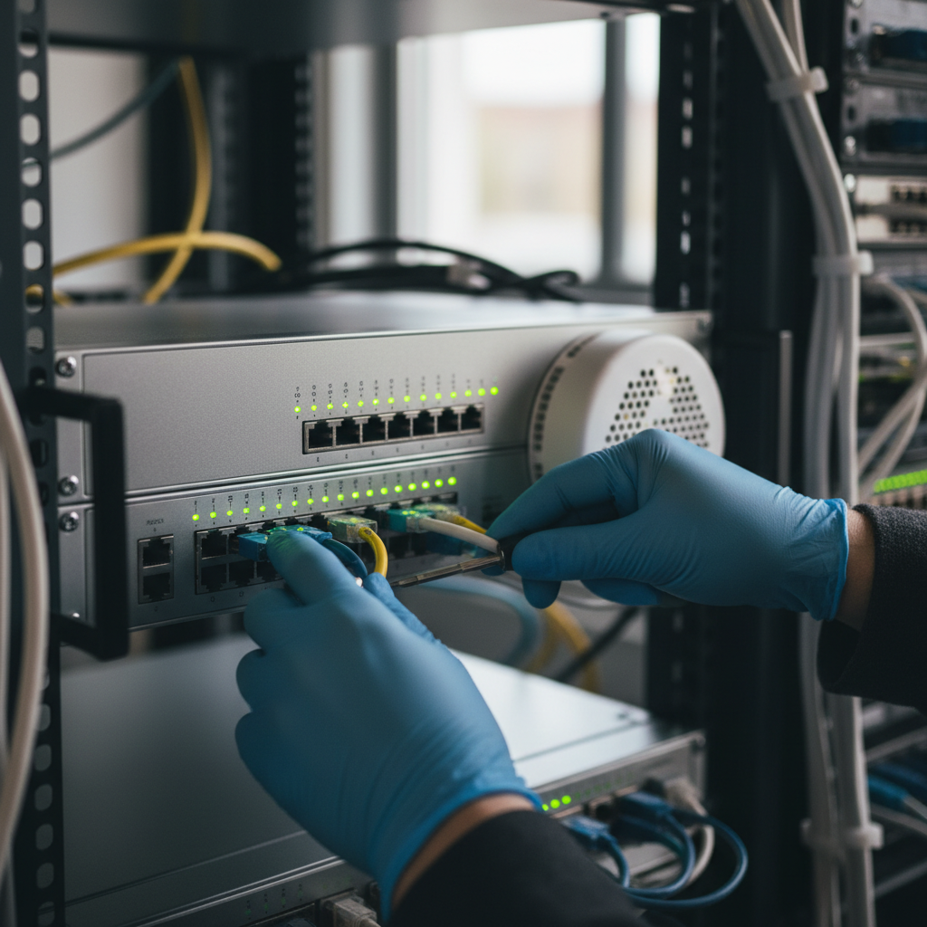 Hotspot como Serviço (HaaS): Wi-Fi que Paga a Conta 2 Close técnico em equipamento de rede moderno demonstrando a infraestrutura de hotspot como serviço (haas) operacional.