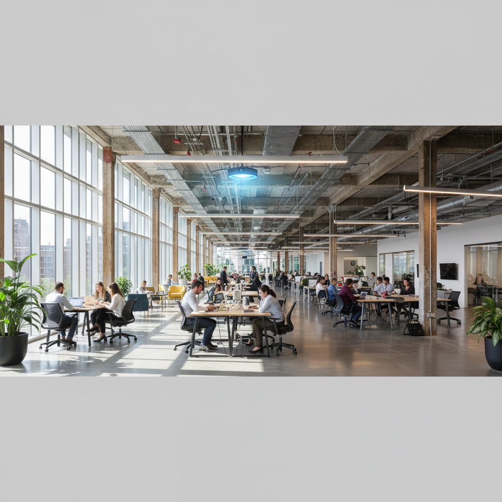 Hotspot como Serviço (HaaS): Wi-Fi que Paga a Conta 4 Ambiente corporativo amplo com pessoas conectadas via hotspot como serviço (haas) através de roteadores no teto.