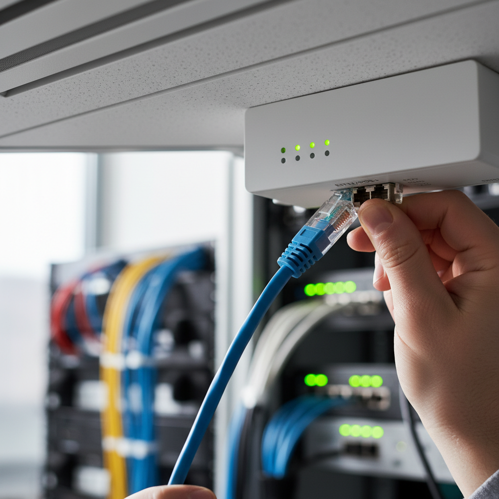 Hotspot para Eventos: Como Montar Sem Improvisos 2 Mãos técnicas conectando cabos em roteador profissional detalhando hotspot para eventos como montar a infraestrutura.