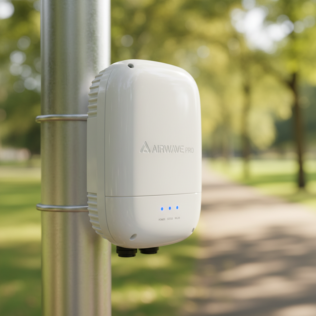 Detalhe de um roteador externo profissional operando como hotspot wi-fi para provedores de internet em poste metálico.