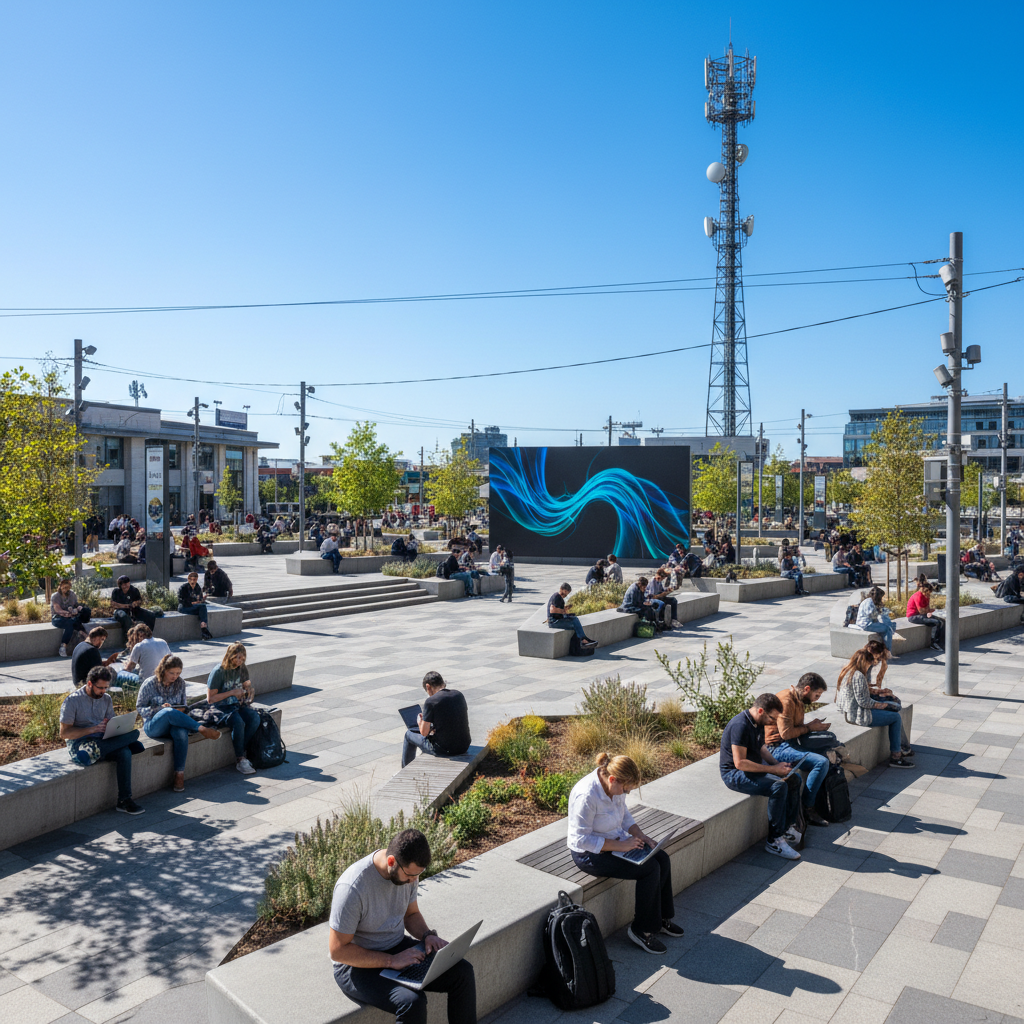Pessoas em uma praça conectadas via hotspot wi-fi para provedores de internet em um cenário urbano amplo e ensolarado.