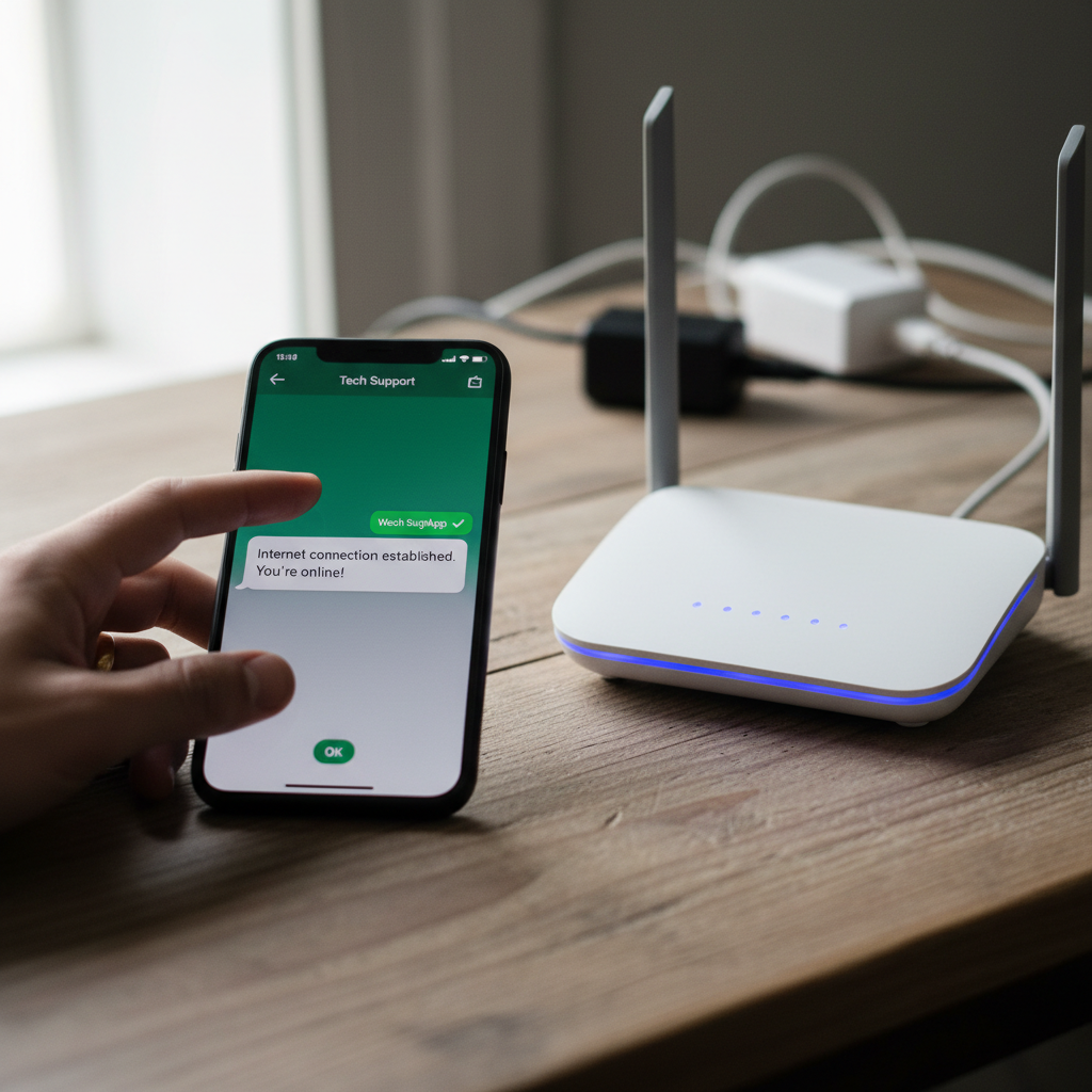 Detalhe de celular e roteador em mesa de madeira mostrando a integração whatsapp api com wi-fi em funcionamento.
