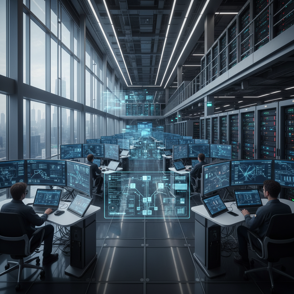 Ambiente tecnológico amplo com servidores e telas operando a integração whatsapp api com wi-fi em escala industrial.