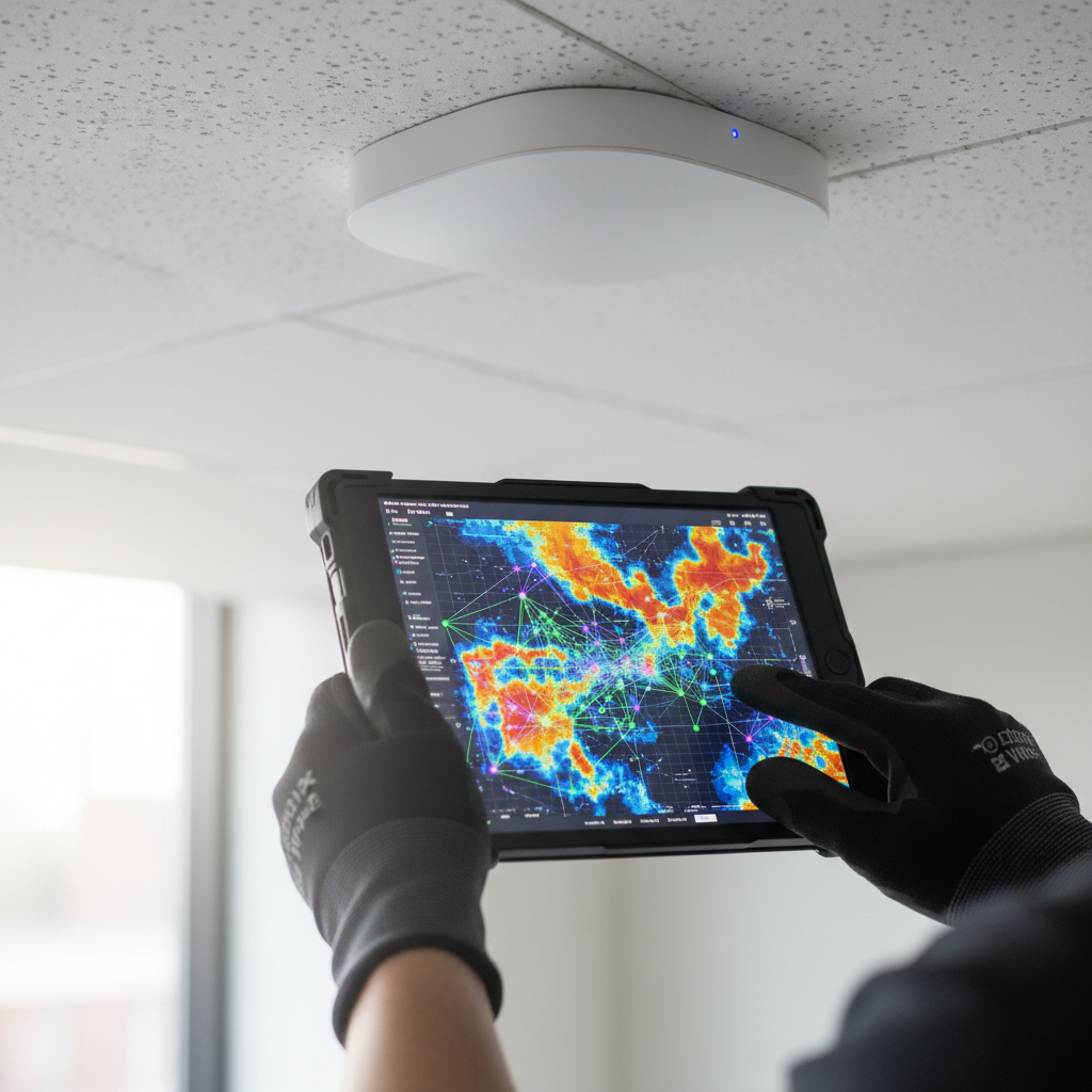 Detalhe de tablet exibindo dados de integração wi-fi com analytics em painel técnico com roteador ao fundo.