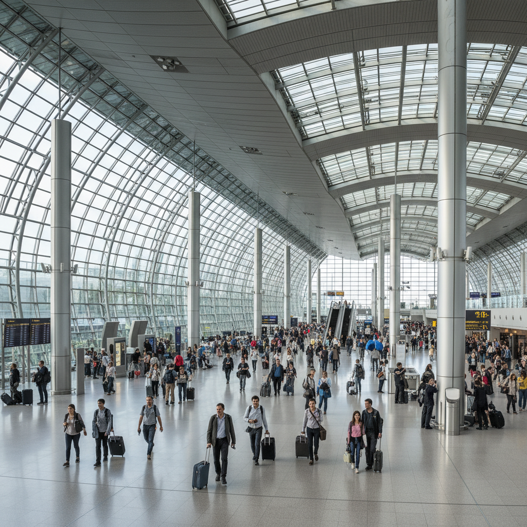 Vista ampla de aeroporto moderno com infraestrutura para integração wi-fi com analytics em ambiente de grande escala.