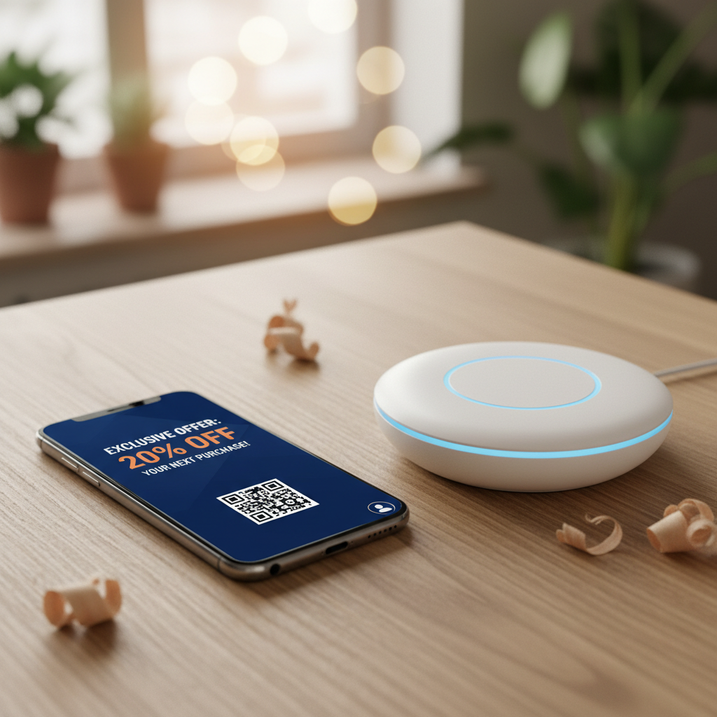 Close no celular exibindo oferta via integração wi-fi com ferramentas de marketing ao lado de um roteador sobre a mesa.
