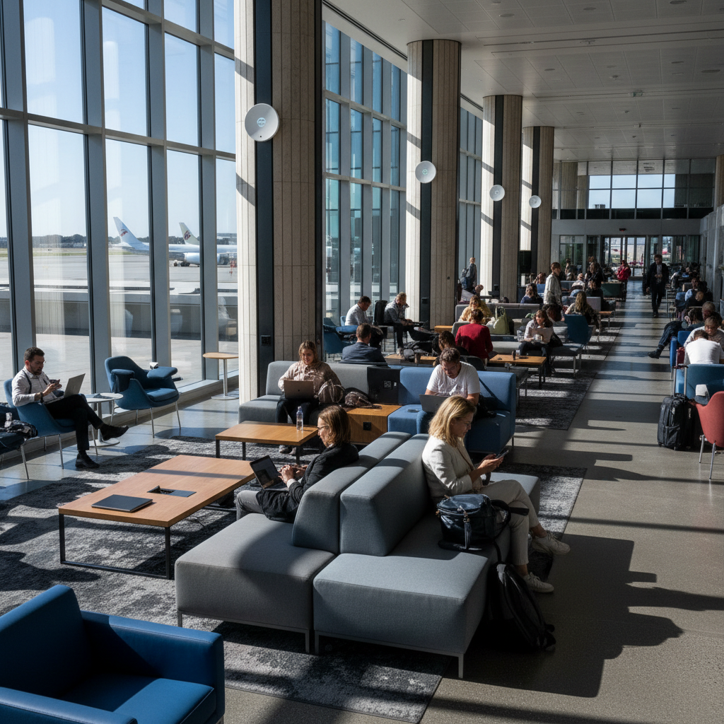Ambiente amplo com pessoas conectadas integrando wi-fi com ferramentas de marketing em um lounge moderno e iluminado.