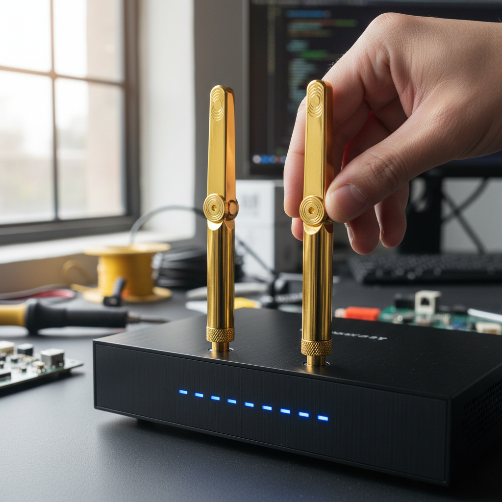 Mão ajustando antenas de roteador em close para mostrar técnica de Como Resolver de Vez a Interferência no Wi-Fi
