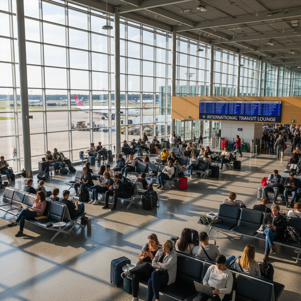 Jornada do usuário no Wi-Fi público: antes, durante, depois 4 Pessoas conectadas em aeroporto moderno ilustrando a jornada do usuário no wi-fi público em ambiente de grande escala.