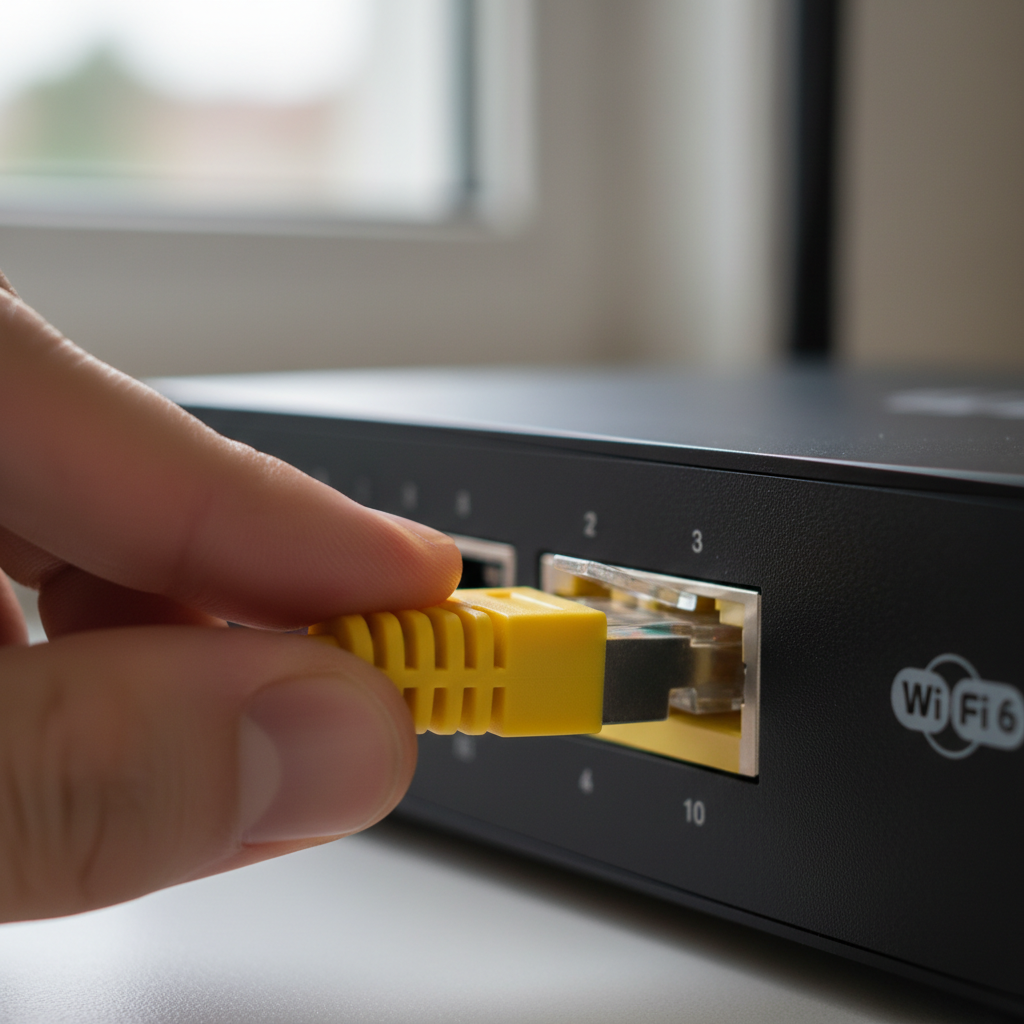 Latência no Wi-Fi: como reduzir sem trocar de plano 2 Mão conectando cabo de rede no roteador para otimizar conexão e latência no wi-fi como reduzir na prática.