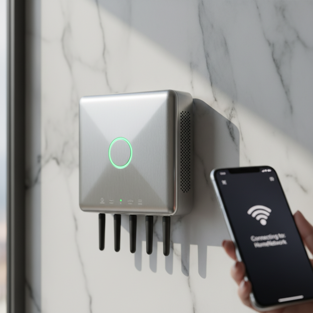 Modelos de Monetização de Hotspot: 6 Estratégias que Geram Receita 2 Detalhe de roteador moderno em parede de mármore para aplicar modelos de monetização de hotspot em empresas.