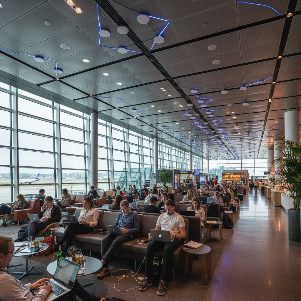 Modelos de Monetização de Hotspot: 6 Estratégias que Geram Receita 4 Vista ampla de aeroporto com pessoas conectadas ilustrando cenários para modelos de monetização de hotspot em alta escala.