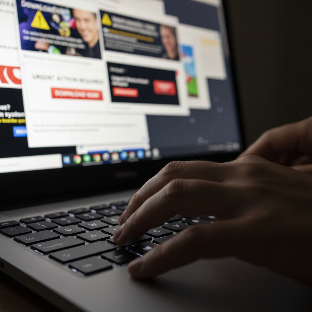 O que é um adware: como ele age e como proteger seus dados 2 Close das mãos de um usuário em notebook com janelas indesejadas na tela sobre o que e o adware no cotidiano.