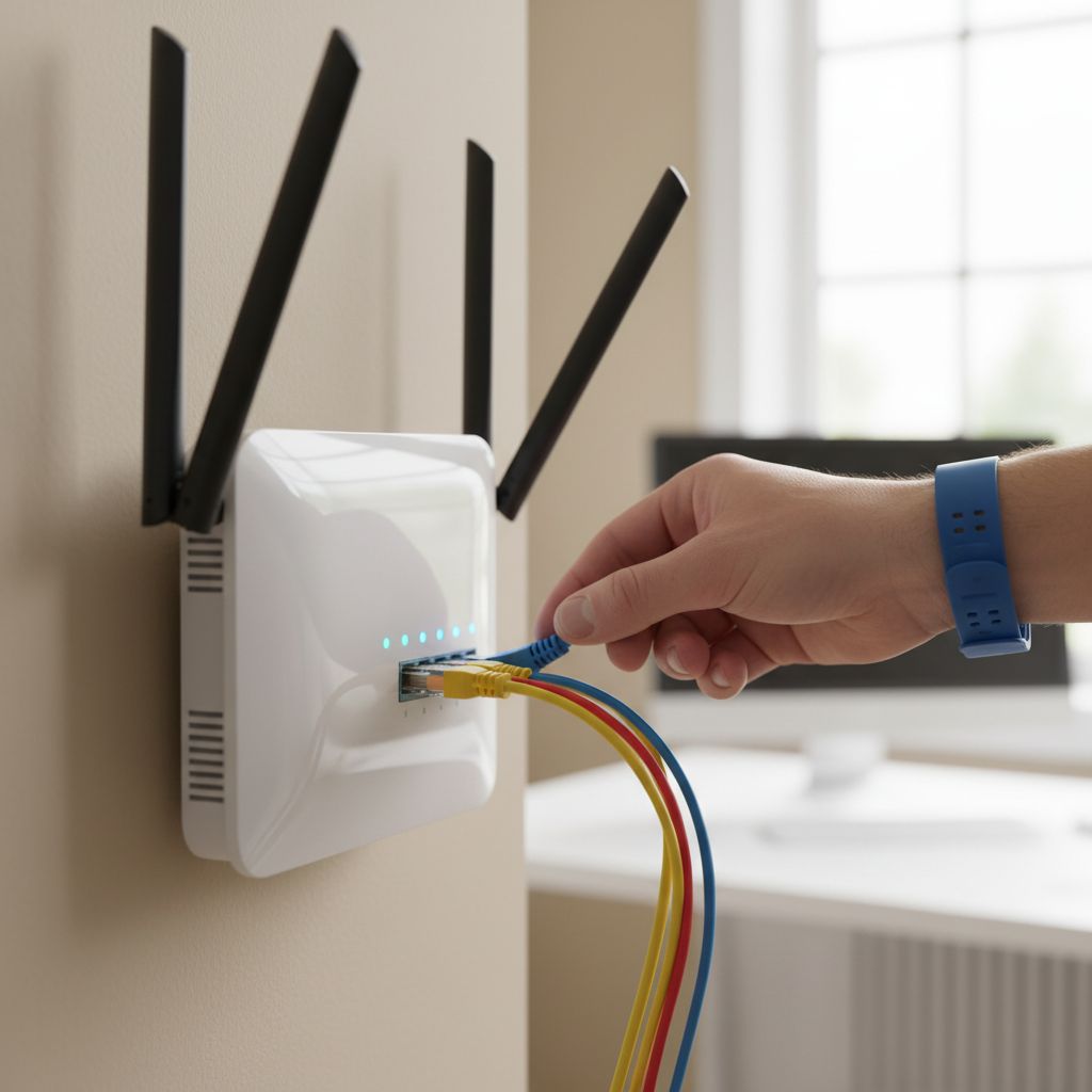 Detalhe de técnico ajustando roteador profissional conectado ao painel de controle hotspot wi-fi da empresa.
