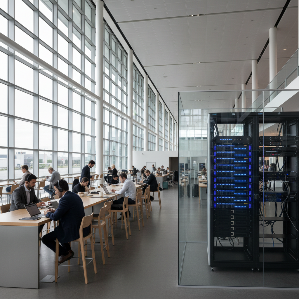 Pessoas usando internet em aeroporto amplo com infraestrutura de painel de controle hotspot wi-fi ao fundo.