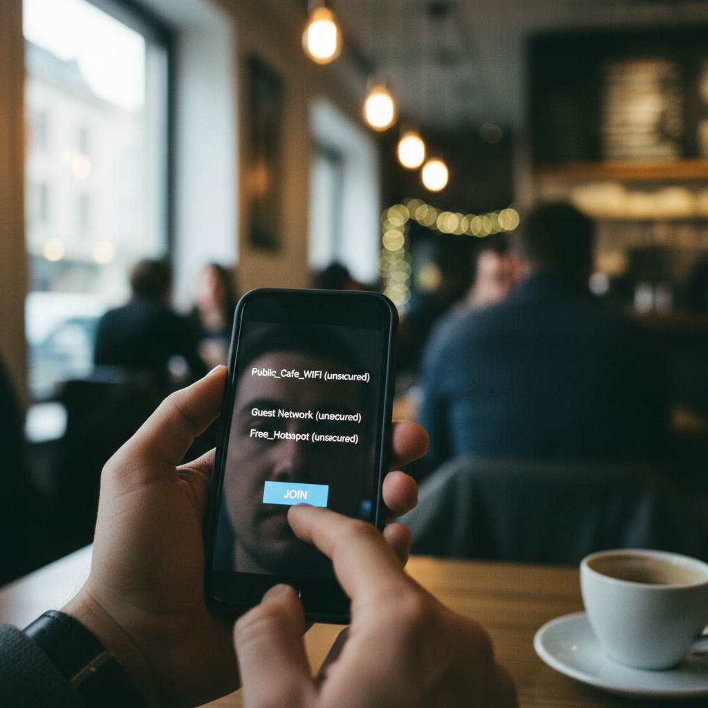 Os Perigos do Wi-Fi sem senha: 7 riscos reais e como evitar 2 Close no celular exibindo redes abertas em um café para alertar sobre os perigos do wi-fi sem senha.