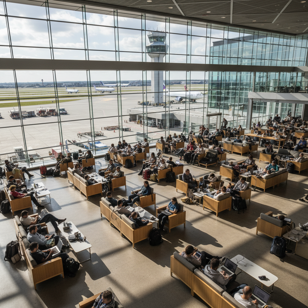 Os Perigos do Wi-Fi sem senha: 7 riscos reais e como evitar 4 Pessoas em aeroporto usando laptops em rede aberta ilustrando os perigos do wi-fi sem senha em locais públicos.