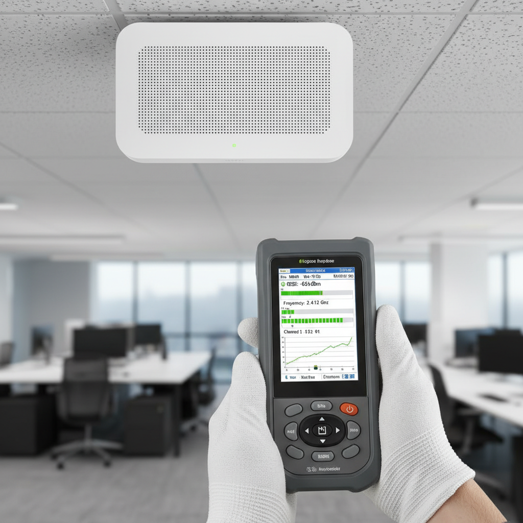 Planejamento de cobertura Wi-Fi empresarial sem retrabalho 2 Técnico usa medidor de sinal em roteador durante o planejamento de cobertura wi-fi empresarial detalhado.