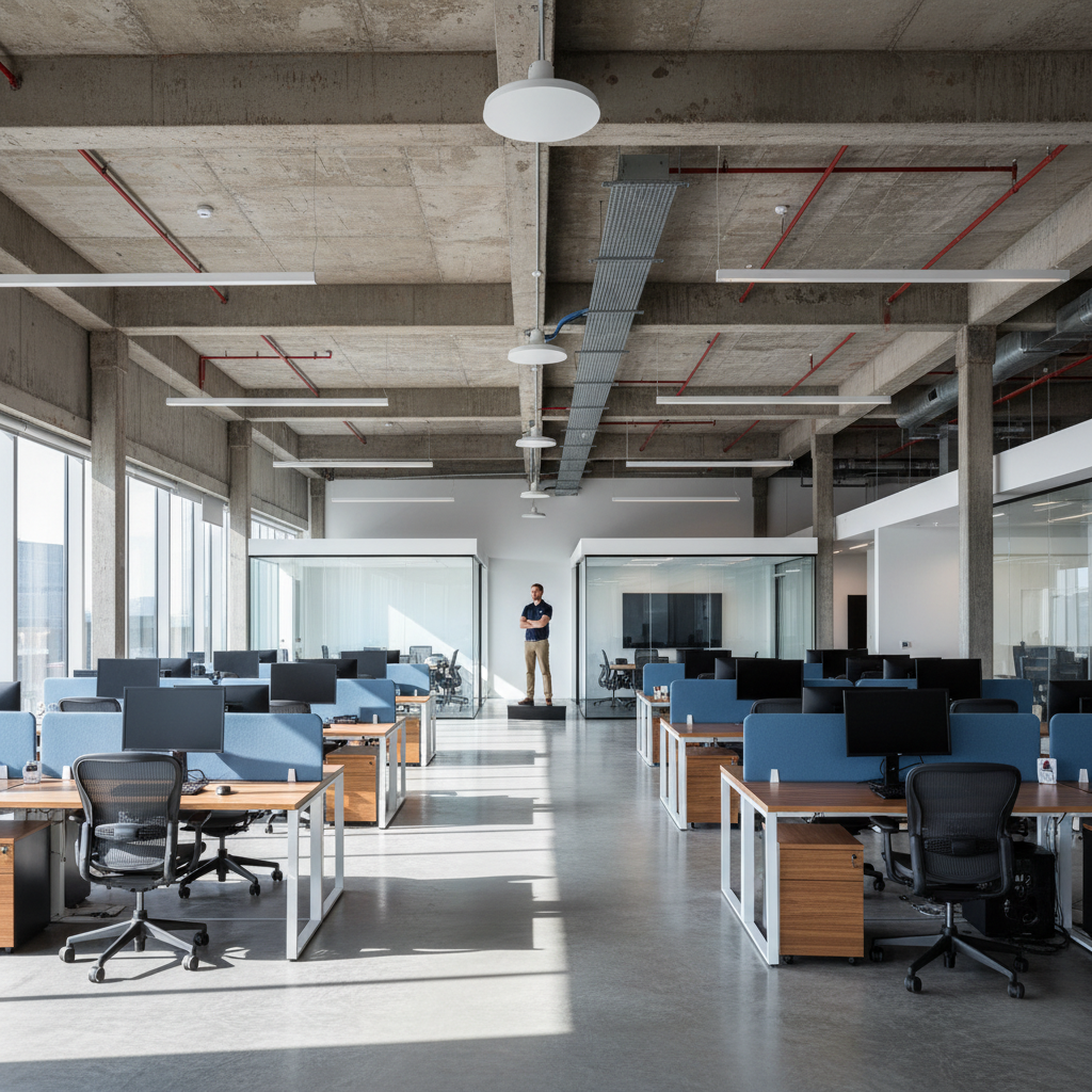 Planejamento de cobertura Wi-Fi empresarial sem retrabalho 4 Engenheiro observa escritório amplo para o planejamento de cobertura wi-fi empresarial com roteadores no teto.