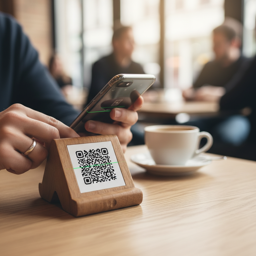 Políticas de uso de Wi-Fi para clientes: checklist prático 2 Celular escaneando QR Code de acesso que segue as políticas de uso de wi-fi para clientes em um estabelecimento.