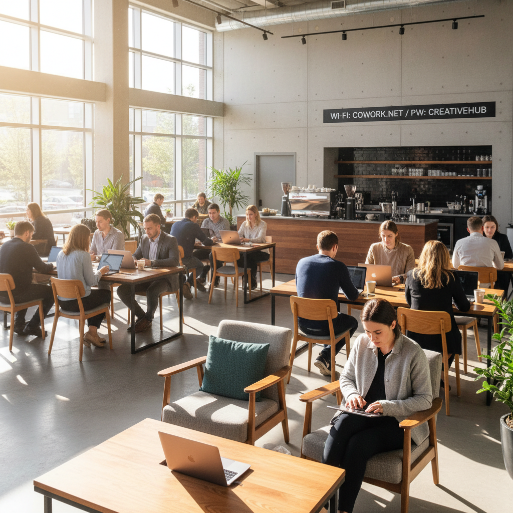 Políticas de uso de Wi-Fi para clientes: checklist prático 4 Pessoas em um café moderno com laptops usando redes sob políticas de uso de wi-fi para clientes em ambiente amplo.