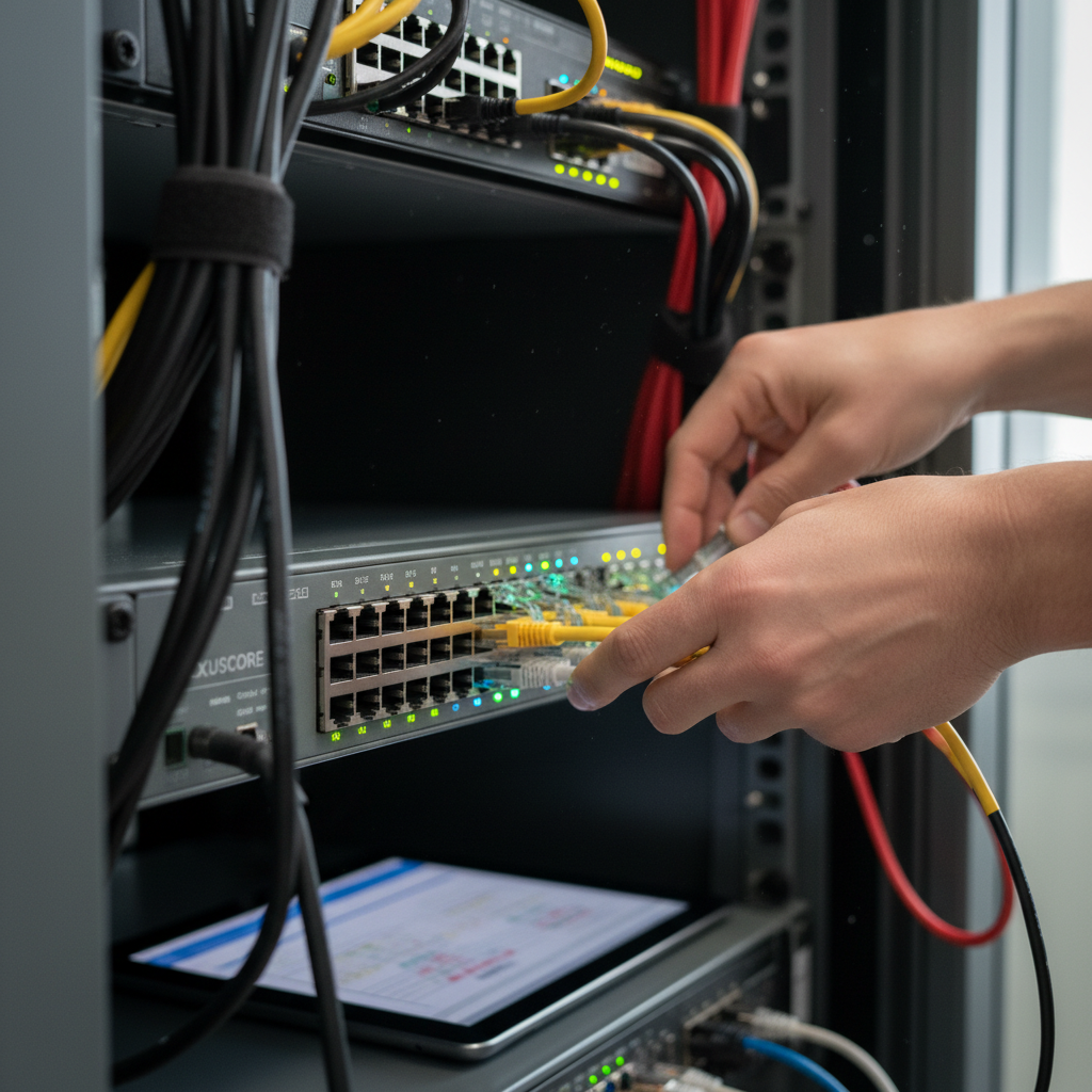 Detalhe de mãos técnicas ajustando roteador profissional sobre qos para redes wi-fi como configurar em close.