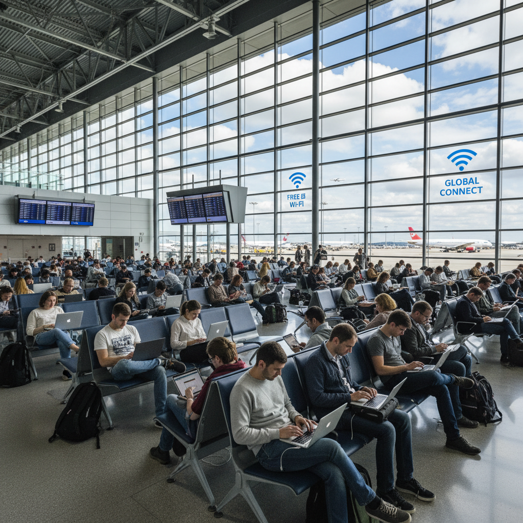 Pessoas usando dispositivos em aeroporto amplo ilustrando o cenário de riscos jurídicos de wi-fi aberto em locais públicos.