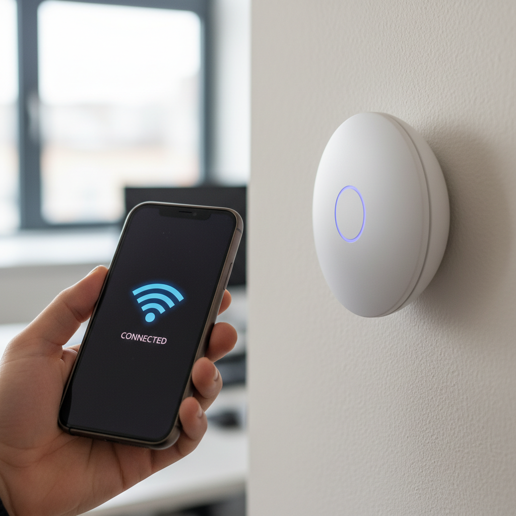 Mão segurando celular próximo a roteador para testar roaming wi-fi o que é e como configurar a conexão sem queda.