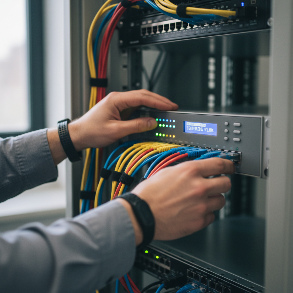 Técnico ajustando cabos em servidor com foco em luzes LED para configurar a segmentação de rede wi-fi empresarial.