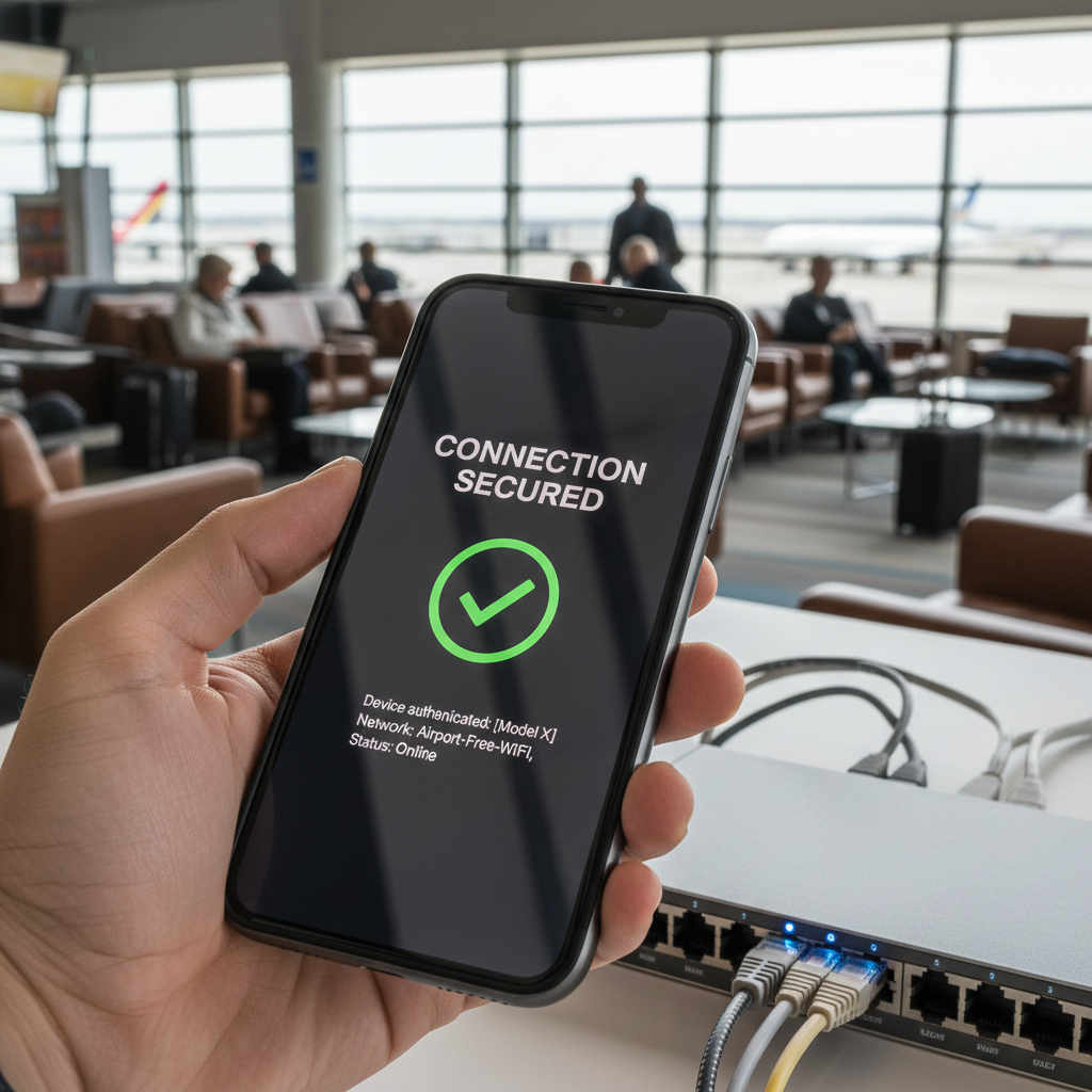 Mão segura smartphone exibindo confirmação de login em rede single sign-on wi-fi em ambiente público movimentado.
