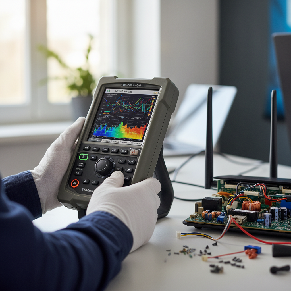 Detalhe de analisador de espectro em uso durante processo de troubleshooting avançado de wi-fi em equipamento de rede.