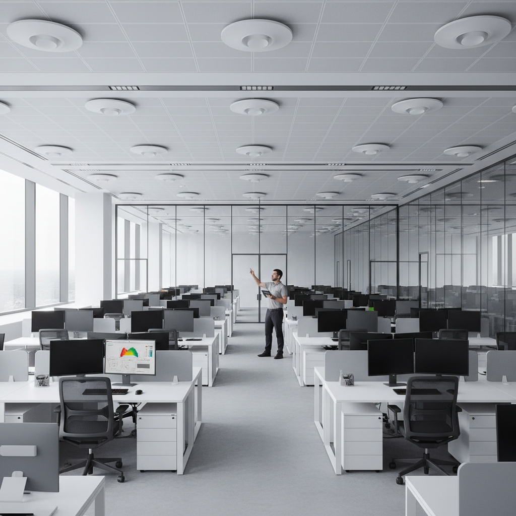 Técnico analisa infraestrutura em escritório amplo para realizar troubleshooting avançado wi-fi em rede corporativa.