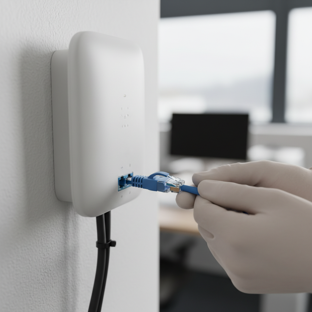 Detalhe de técnico conectando cabo em roteador profissional para configurar vlan em redes wireless empresariais.