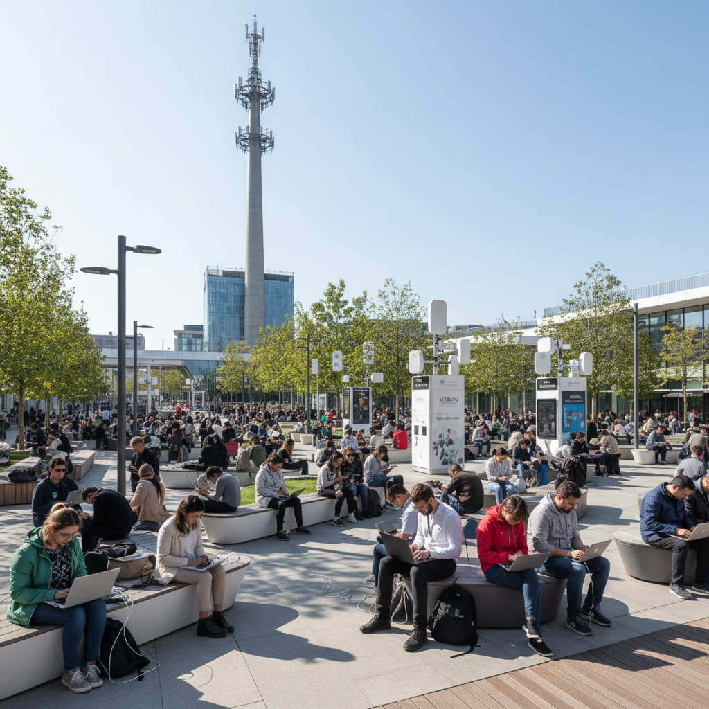 White Label Hotspot para Provedores: Sua Marca, Sua Receita 4 Pessoas usando internet em praça moderna ilustrando a rede de um white label hotspot para provedores em vista panorâmica.