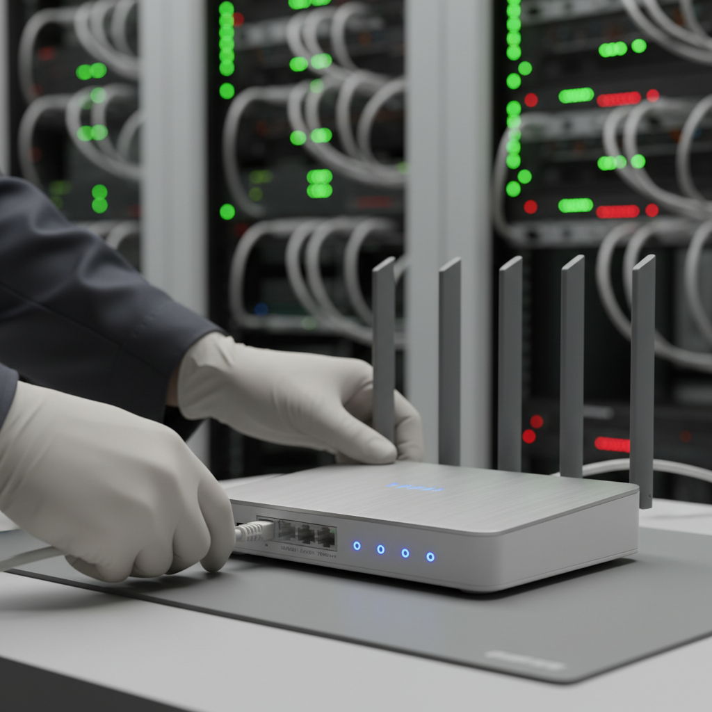 Detalhe de roteador sendo configurado para mostrar se o Wi-Fi 6 vale a pena para empresas em termos de tecnologia.