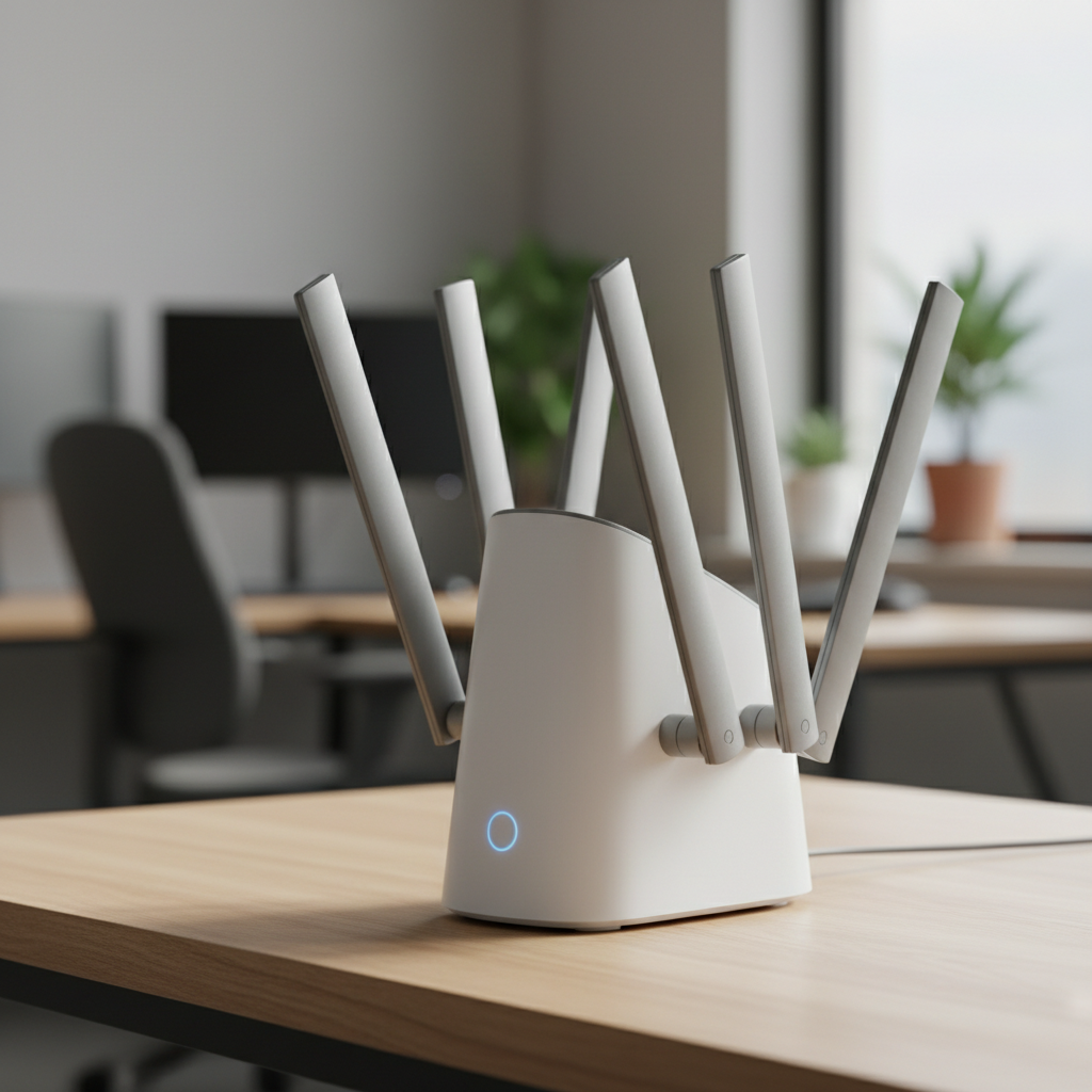 Wi-Fi 7: o que muda na prática (e o que não muda) 2 Detalhe de roteador de última geração em foco aproximado sobre mesa de madeira sobre Wi-Fi 7 o que muda na tecnologia.