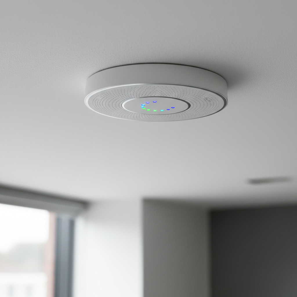 Close no roteador de teto moderno operando com wi-fi + marketing automation para coleta de dados e conexão estável.