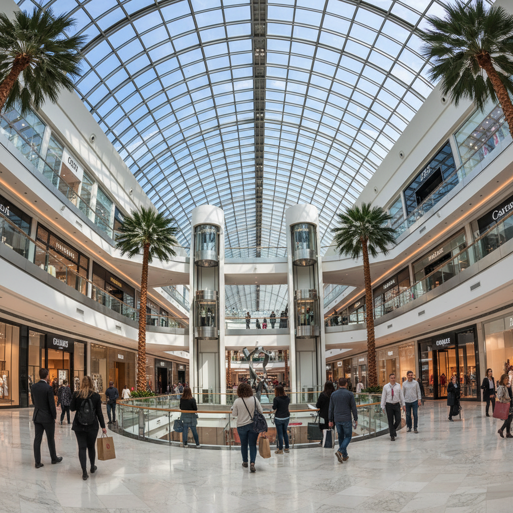 Vista ampla de um shopping moderno exemplificando o uso de wi-fi + marketing automation para atrair o público no local.