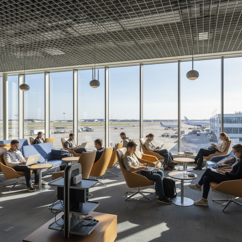 Pessoas em um aeroporto usando rede sem fio conectada via apis para hotspot wi-fi em plano aberto e iluminado.