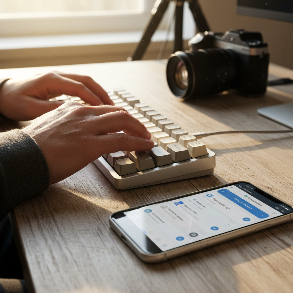 Atendimento omnichannel WhatsApp: o que funciona de verdade 2 Detalhe de mãos digitando e celular exibindo mensagens para exemplificar o atendimento omnichannel whatsapp na prática.