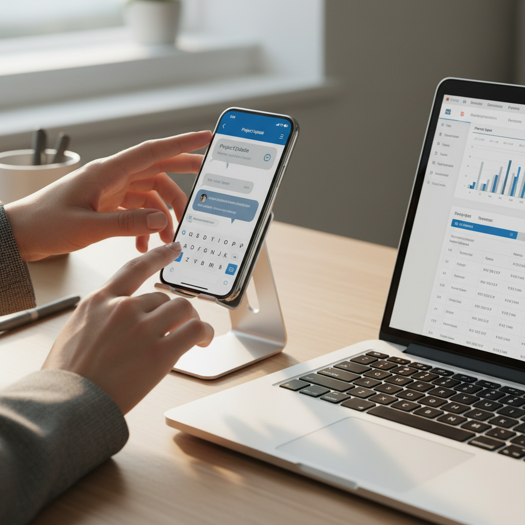 Close nas mãos de atendente usando smartphone e computador para automação de atendimento whatsapp empresas em um escritório.