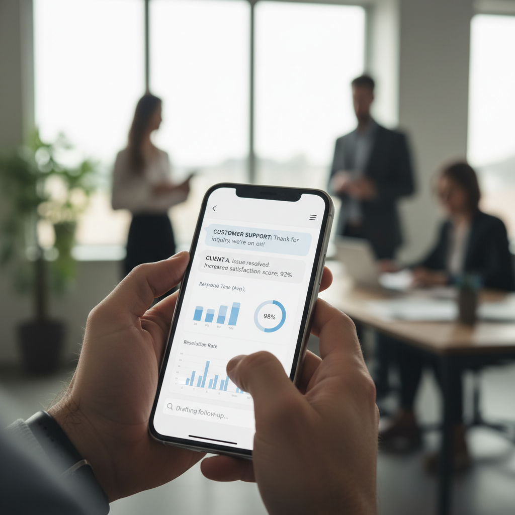 Close nas mãos de um profissional usando smartphone para monitorar resultados de campanhas no whatsapp business.