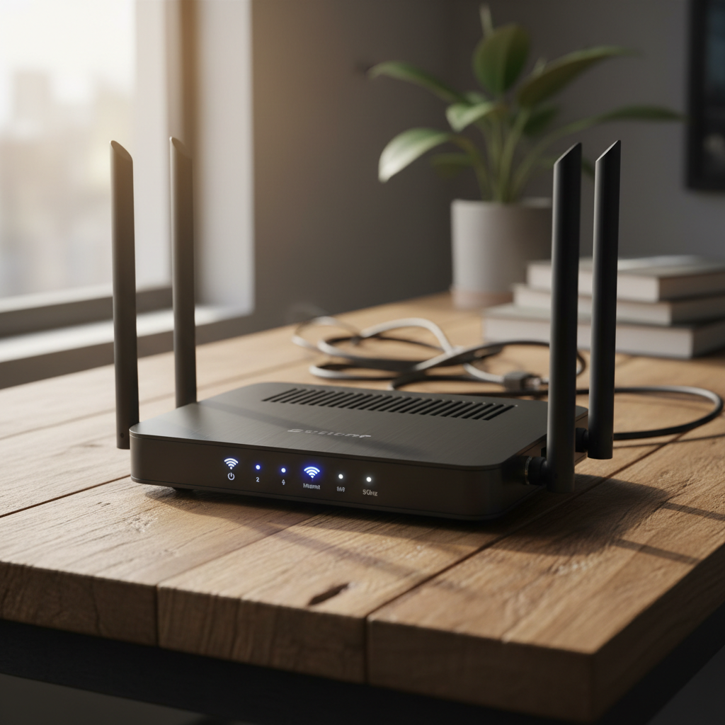 Detalhe de roteador moderno com luzes acesas focando na diferença entre wi-fi 2.4ghz e 5ghz para conexão de curto alcance.